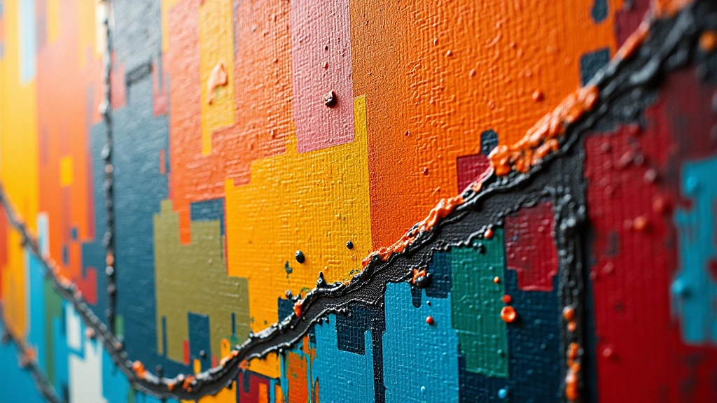Close-up de uma pintura abstrata mostrando pinceladas estruturadas e composição geométrica em cores vibrantes