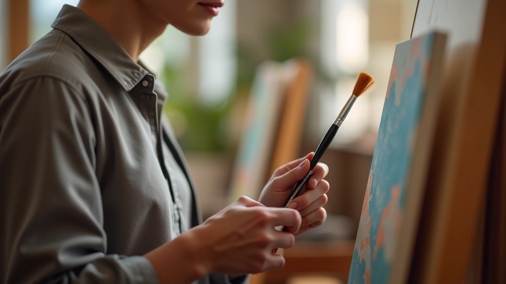 Artista profissional trabalhando em pintura com pincéis e telas no estúdio criativo