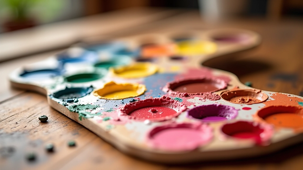 Paleta de cores artísticas mostrando várias tonalidades e gradientes em uma superfície de trabalho de artista