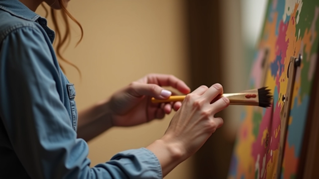 Close-up de mãos de artista trabalhando com pincel e cores, mostrando técnica e precisão