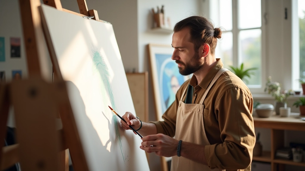 Pessoa em estúdio de arte, cercada por telas e pincéis, concentrada em seu trabalho criativo