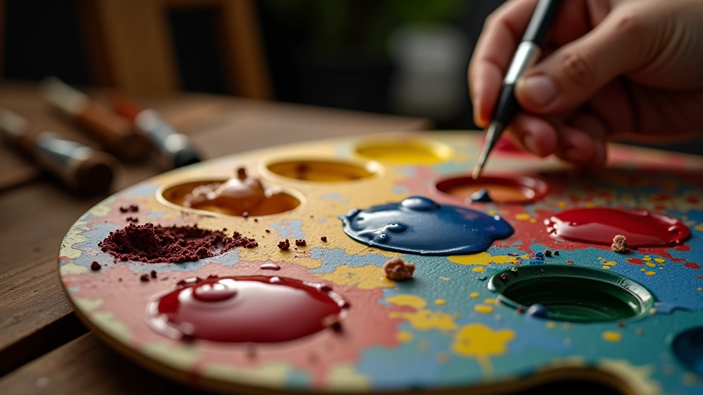 Paleta de cores vibrantes com pincéis, mostrando variedade de tons e técnicas artísticas