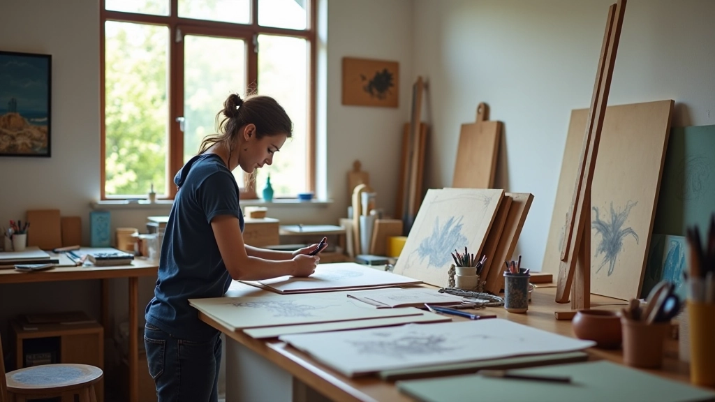 Artista criativo trabalhando em seu estúdio com materiais e ferramentas artísticas ao redor