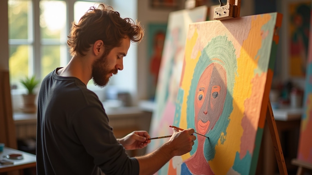Artista pintor trabalhando em grande tela colorida dentro de estúdio criativo bem iluminado