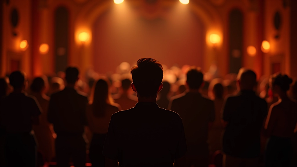 Público aplaudindo de pé em teatro durante apresentação com palco e luzes de cena ao fundo