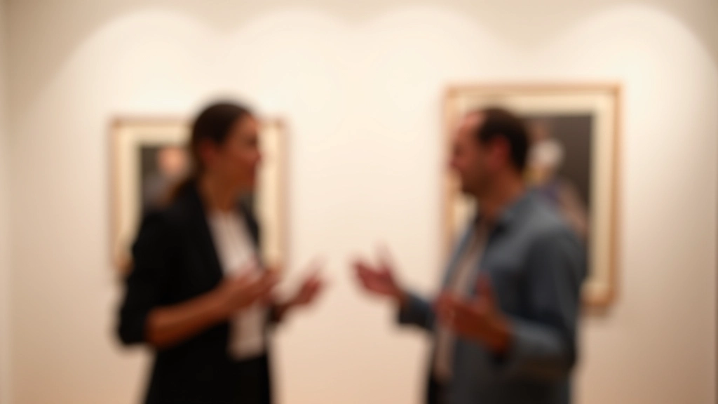 Grupo diverso de pessoas discutindo e gestuculando em frente a parede branca de galeria de arte