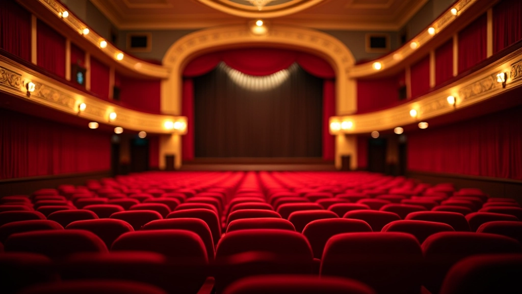 Interior elegante de um teatro com fileiras de assentos vermelhos e palco iluminado em primeiro plano