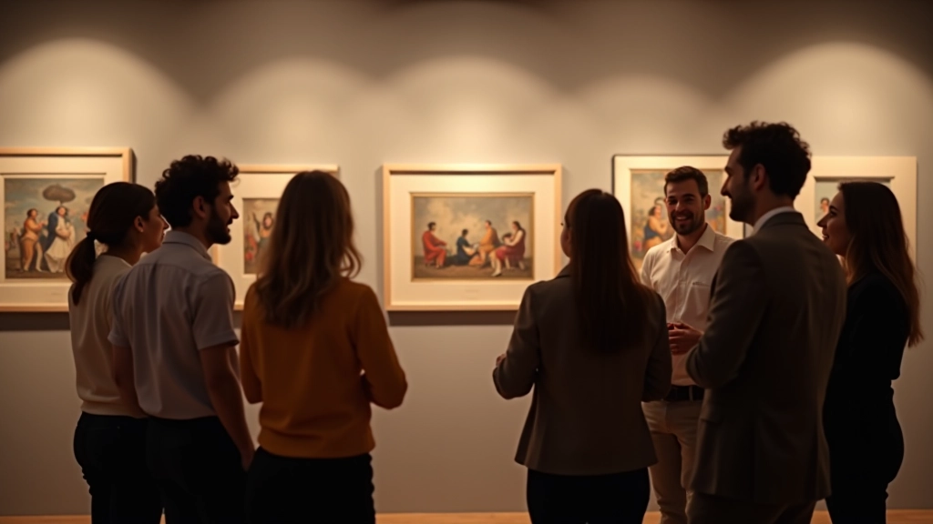 Pessoas conversando animadamente em frente a uma parede de galeria de arte moderna