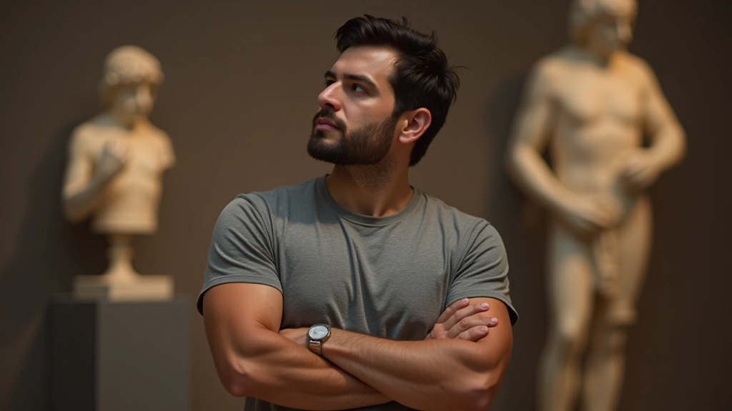 Homem em museu, analisando escultura moderna