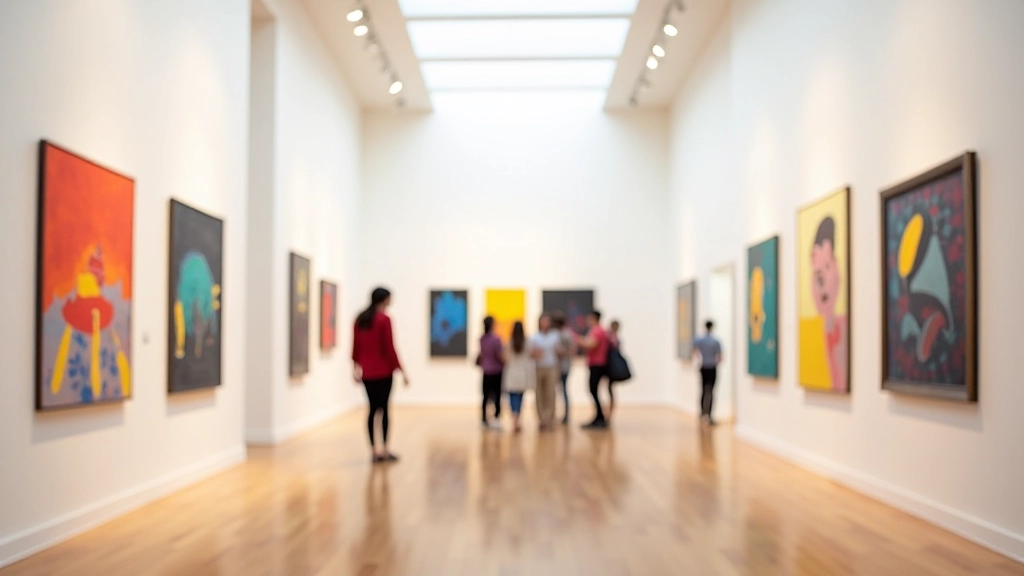 Interior de galeria de museu com obras de arte expostas