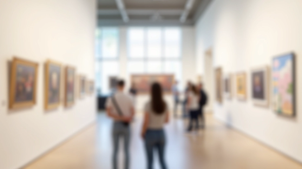 Galeria de aprendizado com obras de arte em exposição e estudantes explorando o espaço