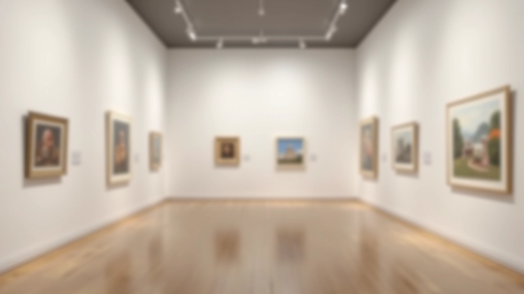 Exposição de museu com esculturas modernas e instalação artística interativa iluminada