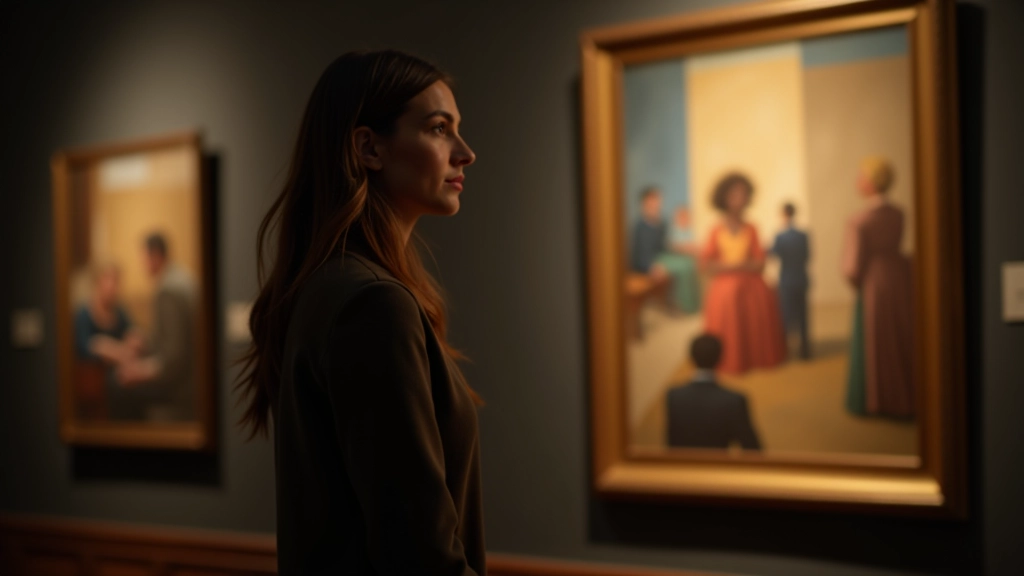 Visitante de museu parado em frente a uma pintura expressionista, reação emocional e contemplativa