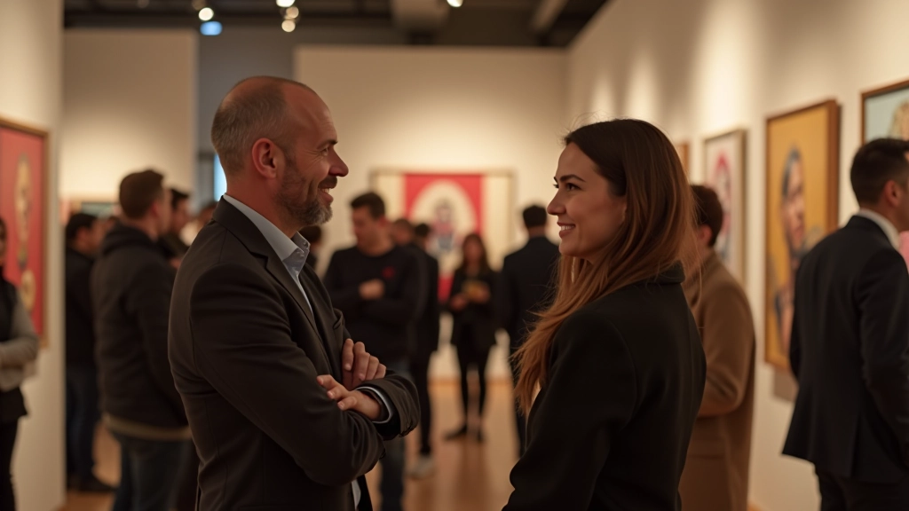 Grupo de pessoas conversando em exposição de arte