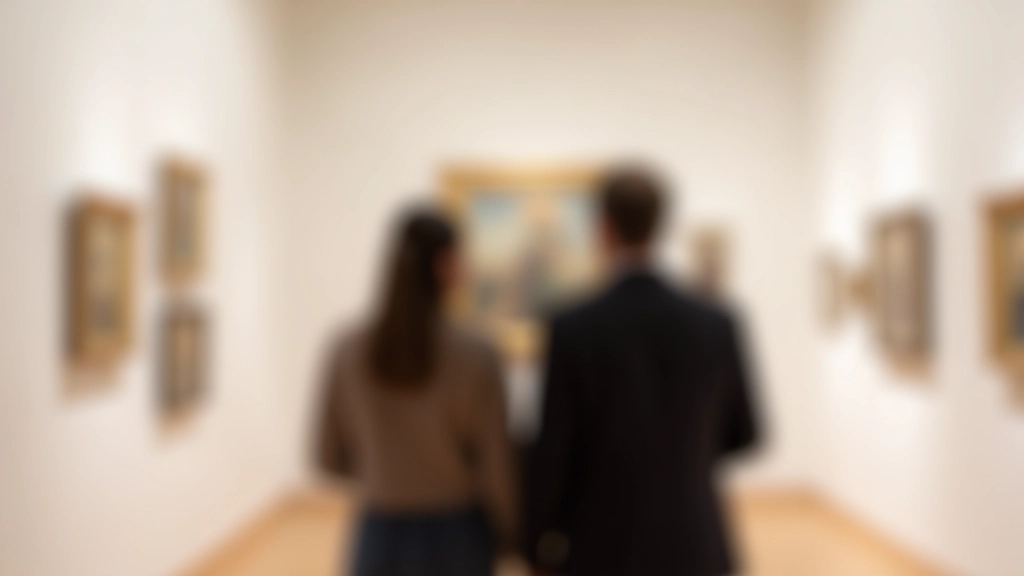Duas pessoas observando quadro em museu, conversando sobre arte em galeria moderna