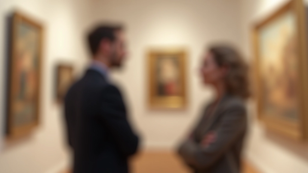 Duas pessoas conversando em galeria de arte, olhando para obras e discutindo expressivamente