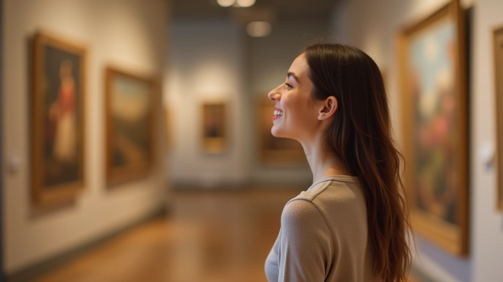 Mulher jovem em galeria de arte, observando pintura com atenção